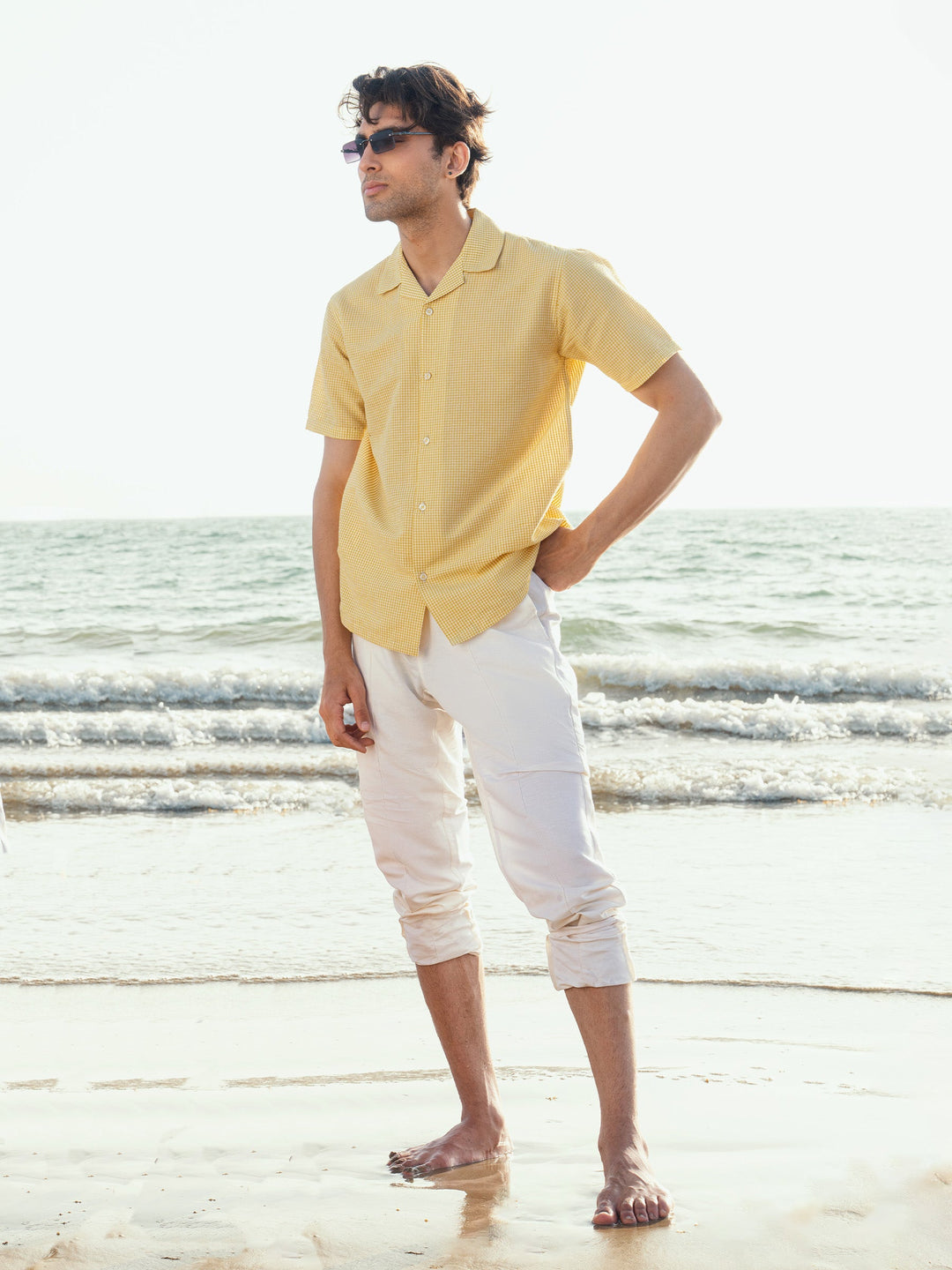 Brumano Mens RTW Solids Cotton Shirt Yellow Checkered Seersucker Casual Collection