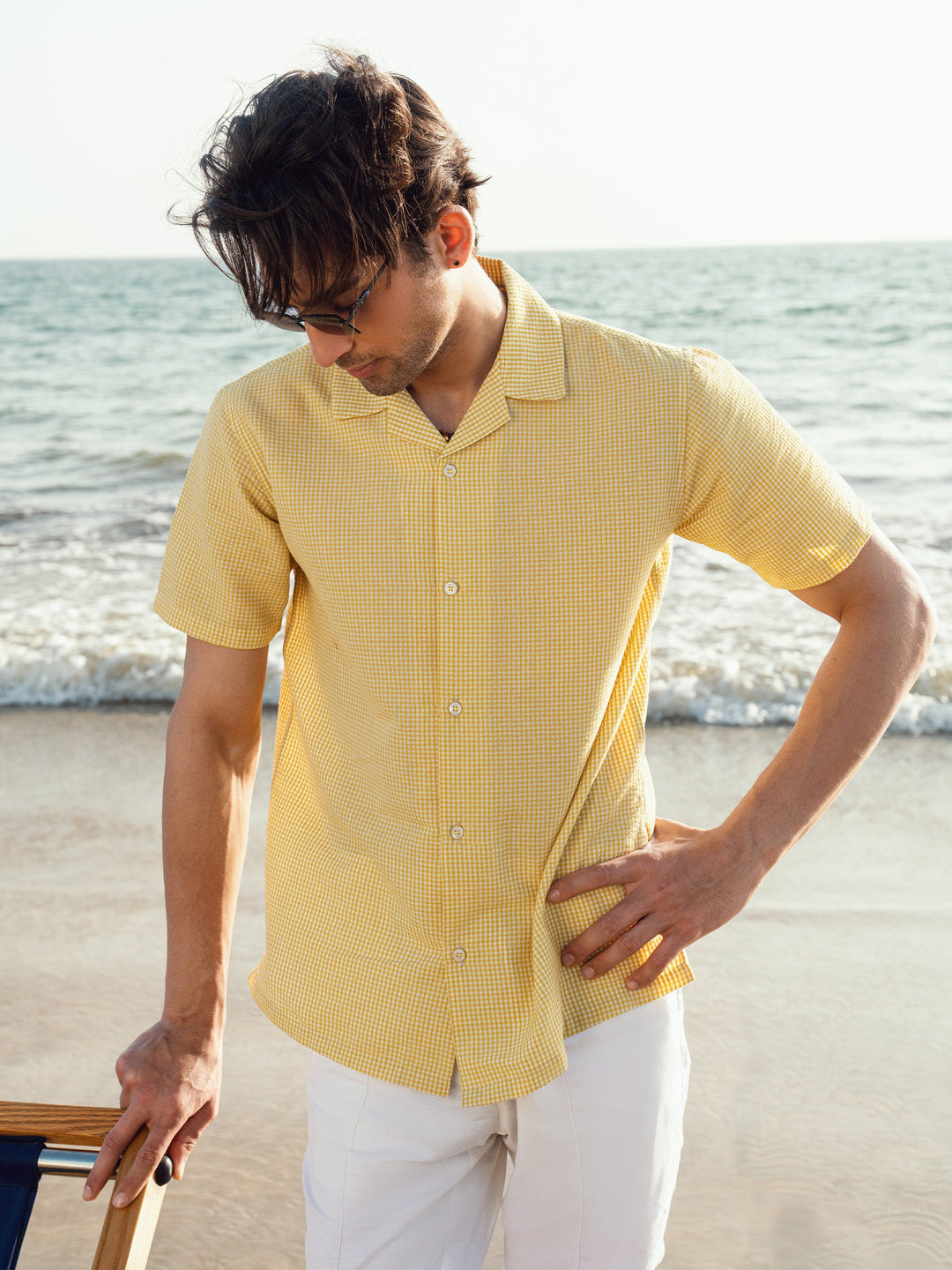 Brumano Mens RTW Solids Cotton Shirt Yellow Checkered Seersucker Casual Collection