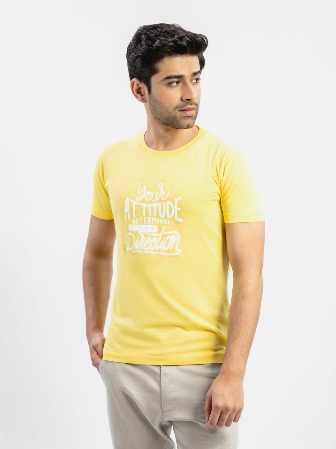 Brumano Mens T-Shirt RTW Solids Cotton Yellow Abstract Crew Neck Casual Collection