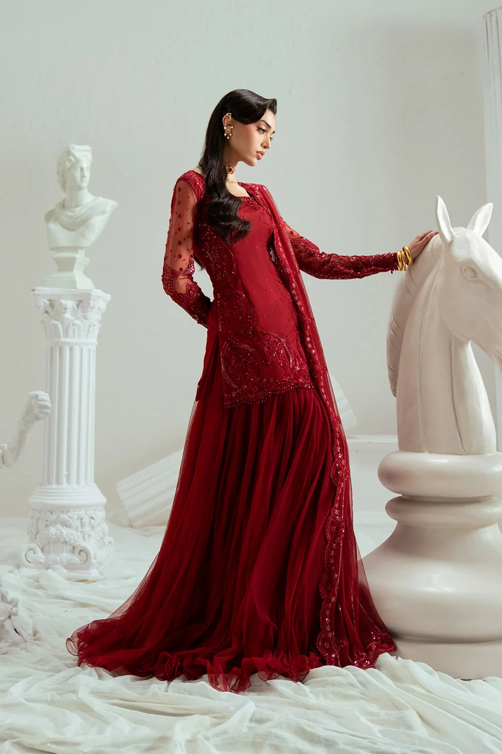 Elyse by Zariya Unstitched Embroidered Net 3 Piece Suit ZA26UEW Maroonique ZSU-6300 - Wedding Collection
