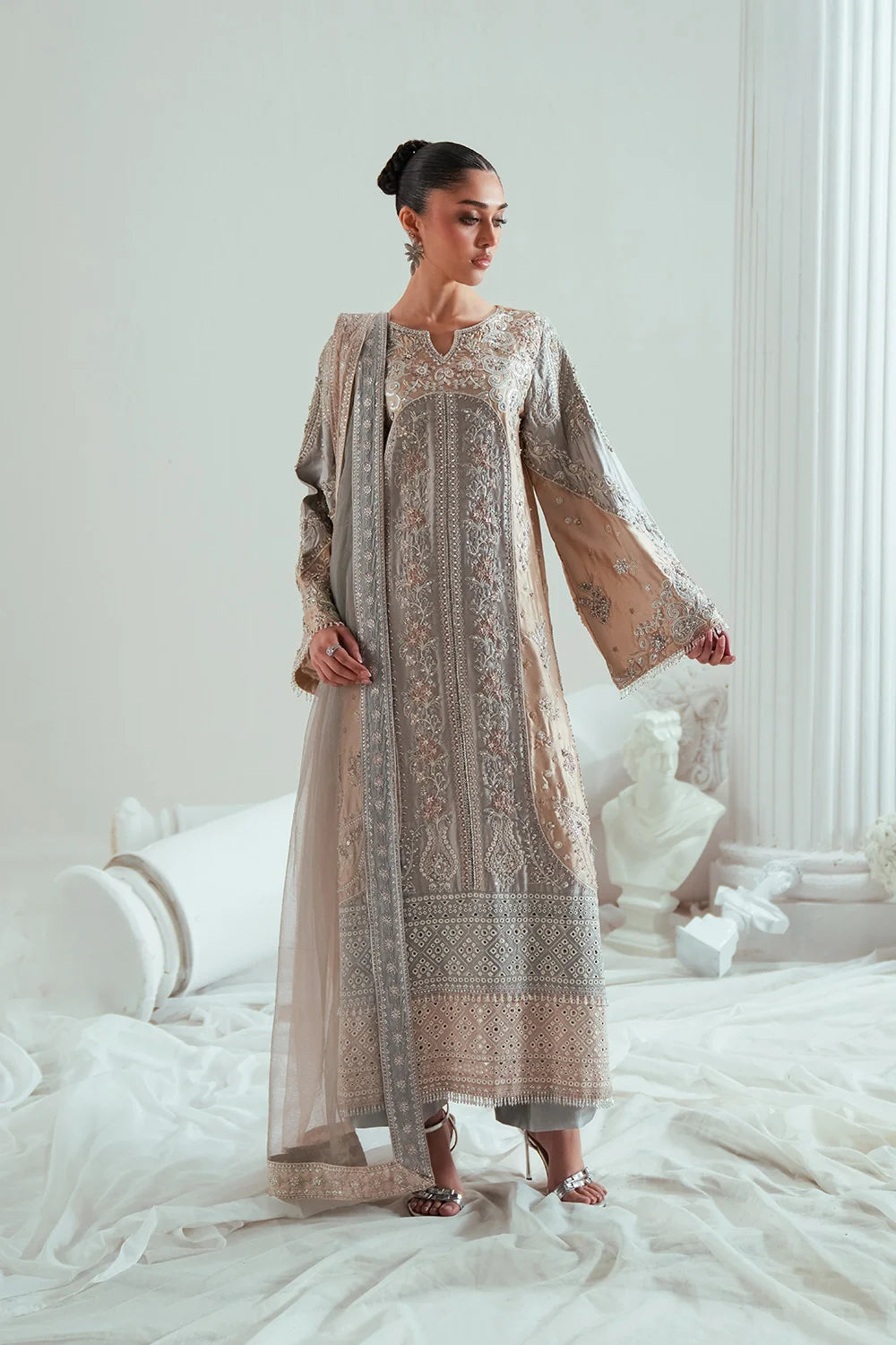 Elyse by Zariya Unstitched Embroidered Net 3 Piece Suit ZA26UEW Dovegray ZSU-6306 - Wedding Collection