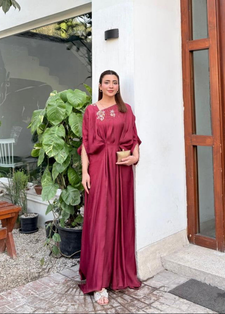 Mataish Women RTW Hand Work Cotton Silk 1 Piece Suit Zar Gul Kaftan Maroon - Festive Collection