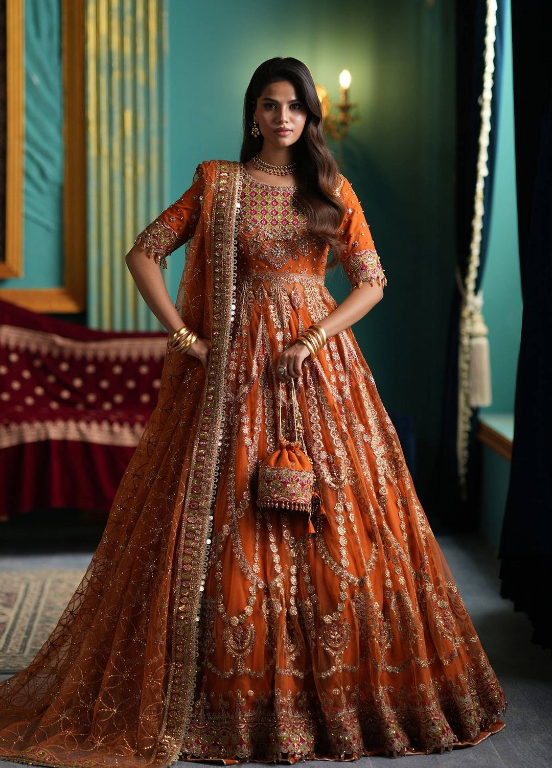 Afsana by Zevk Unstitched Embroidered Net 3 Piece Suit ZV26UAW Naranji - Wedding Collection