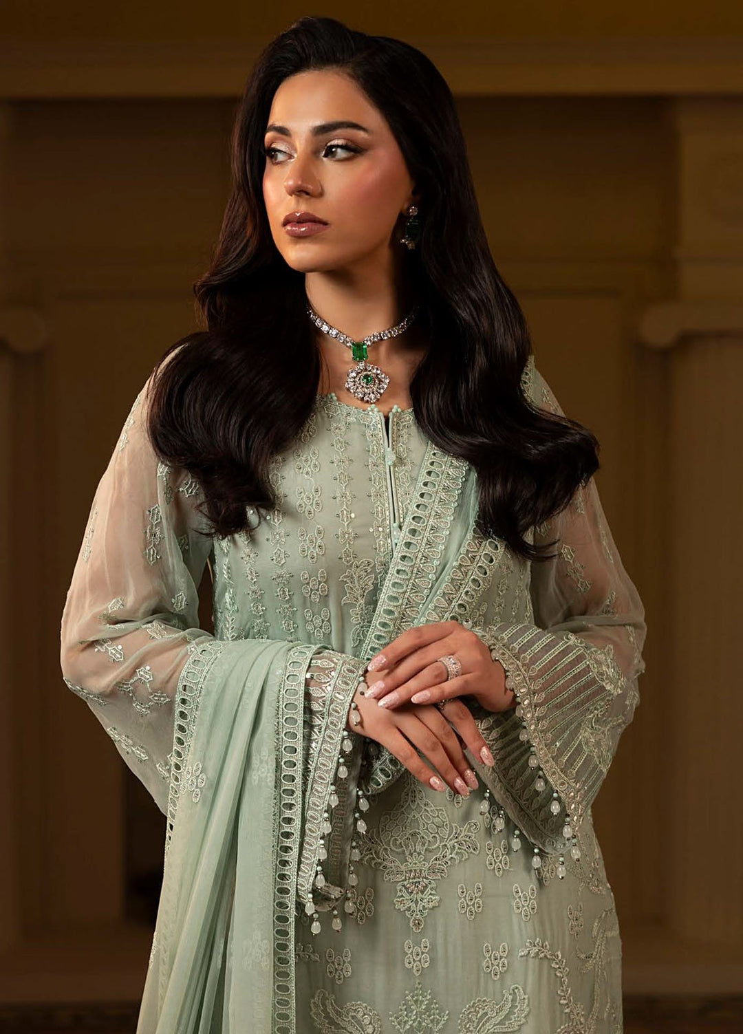 Aashnai by Lavish Embroidered Chiffon Suits Unstitched 3 Piece LVP24AC D-02 Sage Mist - Formals Collection