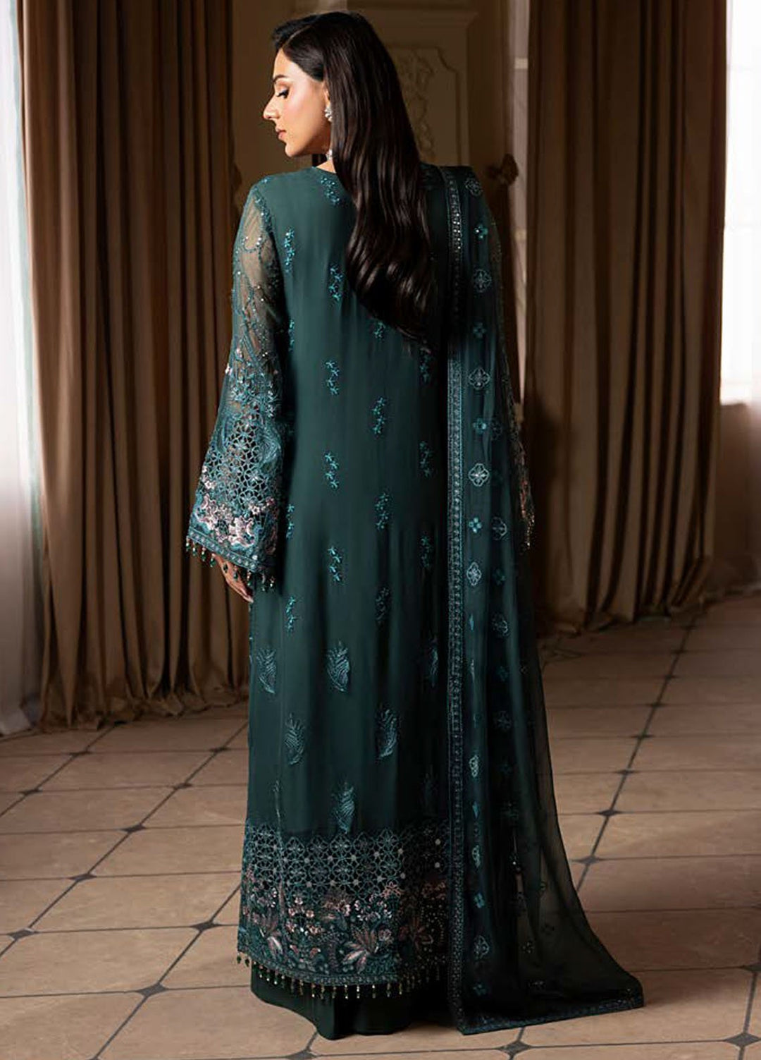 Aashnai by Lavish Embroidered Chiffon Suits Unstitched 3 Piece LVP24AC D-03 Deep Forest - Formals Collection