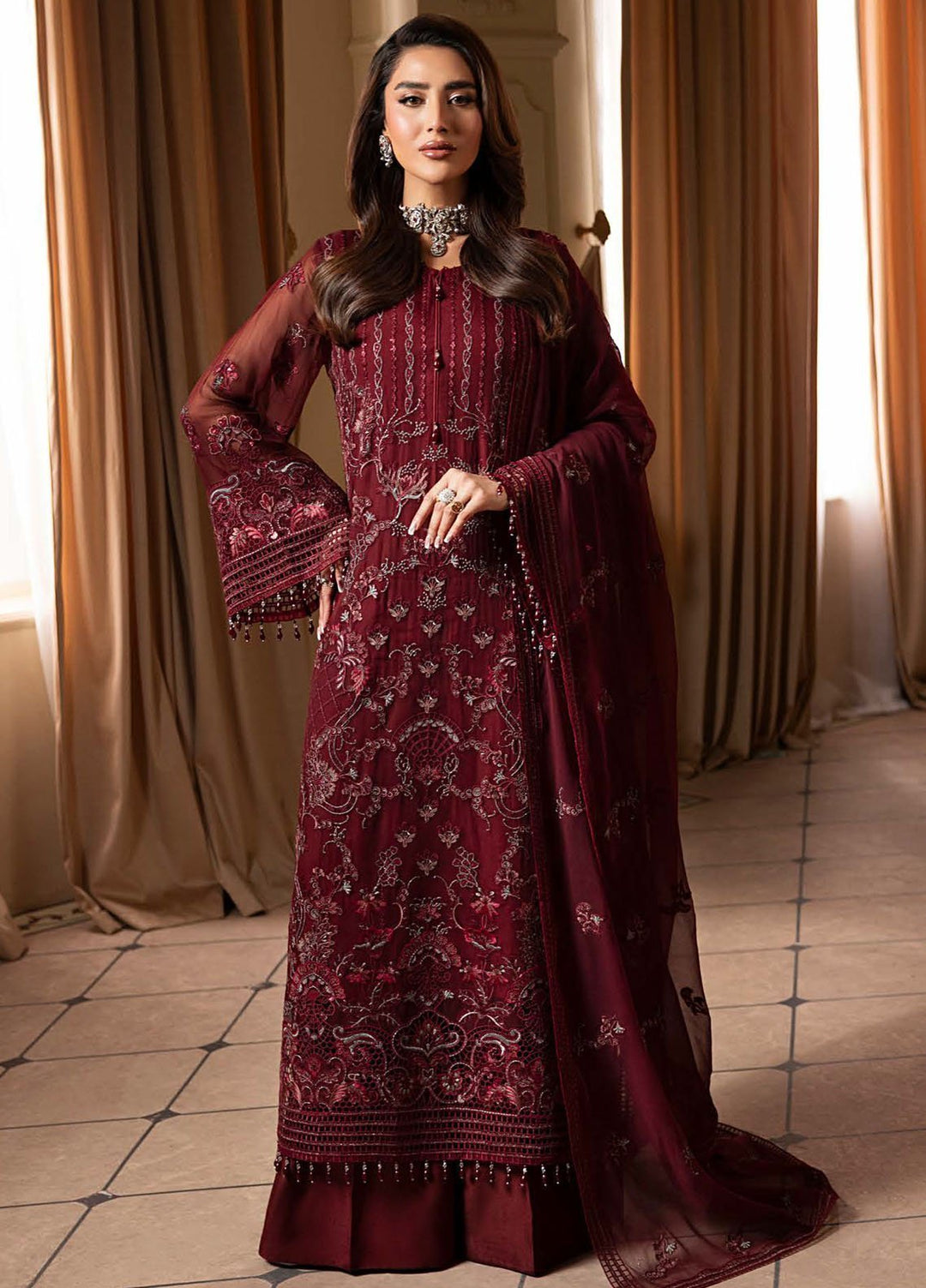 Aashnai by Lavish Embroidered Chiffon Suits Unstitched 3 Piece LVP24AC D-04 Burgundy Veil - Formals Collection