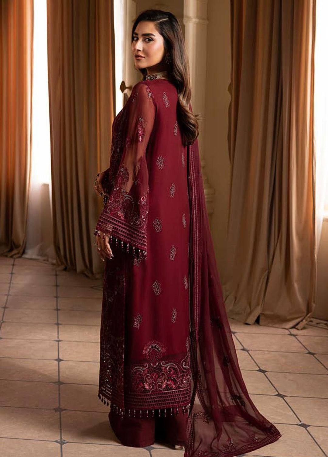 Aashnai by Lavish Embroidered Chiffon Suits Unstitched 3 Piece LVP24AC D-04 Burgundy Veil - Formals Collection