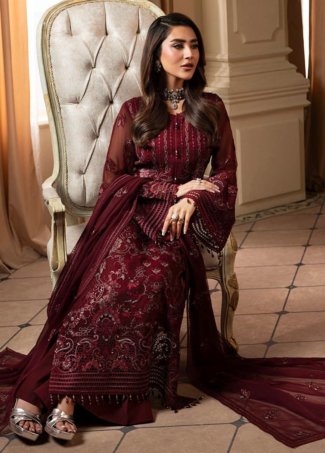 Aashnai by Lavish Embroidered Chiffon Suits Unstitched 3 Piece LVP24AC D-04 Burgundy Veil - Formals Collection