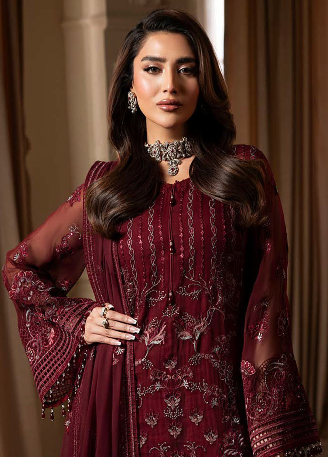 Aashnai by Lavish Embroidered Chiffon Suits Unstitched 3 Piece LVP24AC D-04 Burgundy Veil - Formals Collection