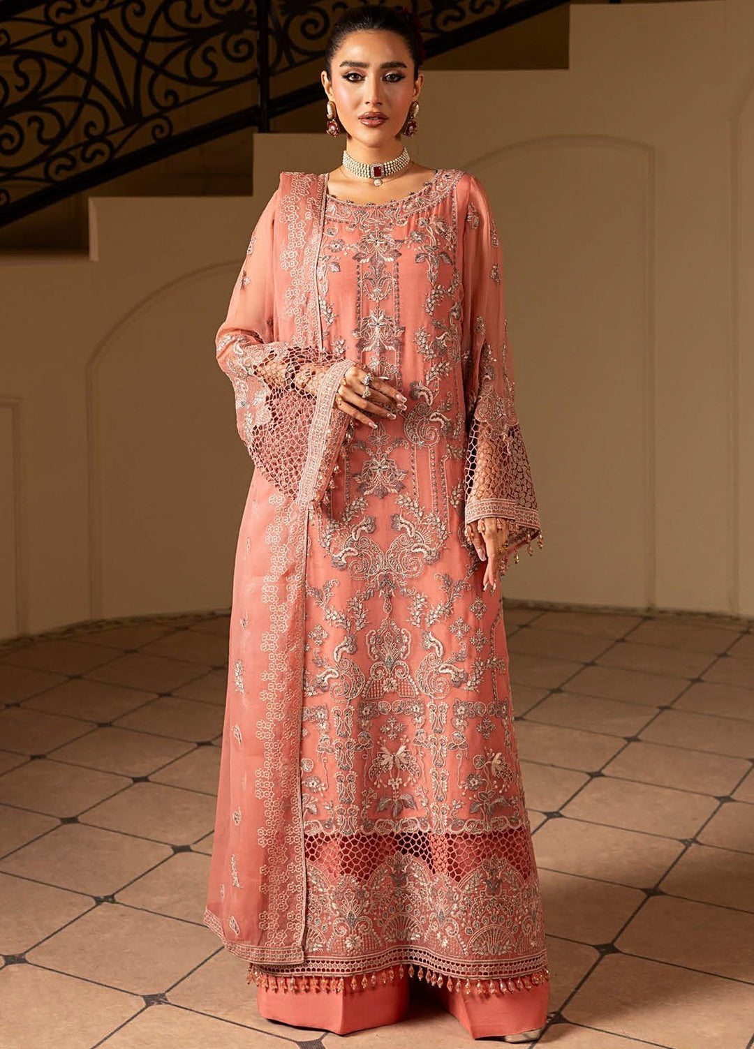 Aashnai by Lavish Embroidered Chiffon Suits Unstitched 3 Piece LVP24AC D-06 Peach Mirage - Formals Collection