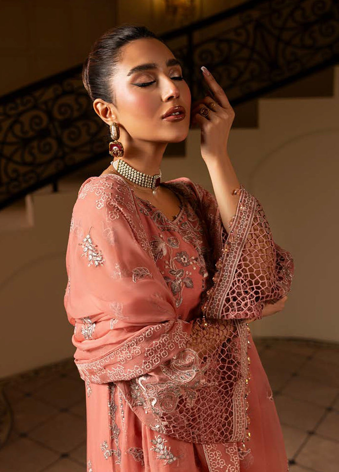 Aashnai by Lavish Embroidered Chiffon Suits Unstitched 3 Piece LVP24AC D-06 Peach Mirage - Formals Collection