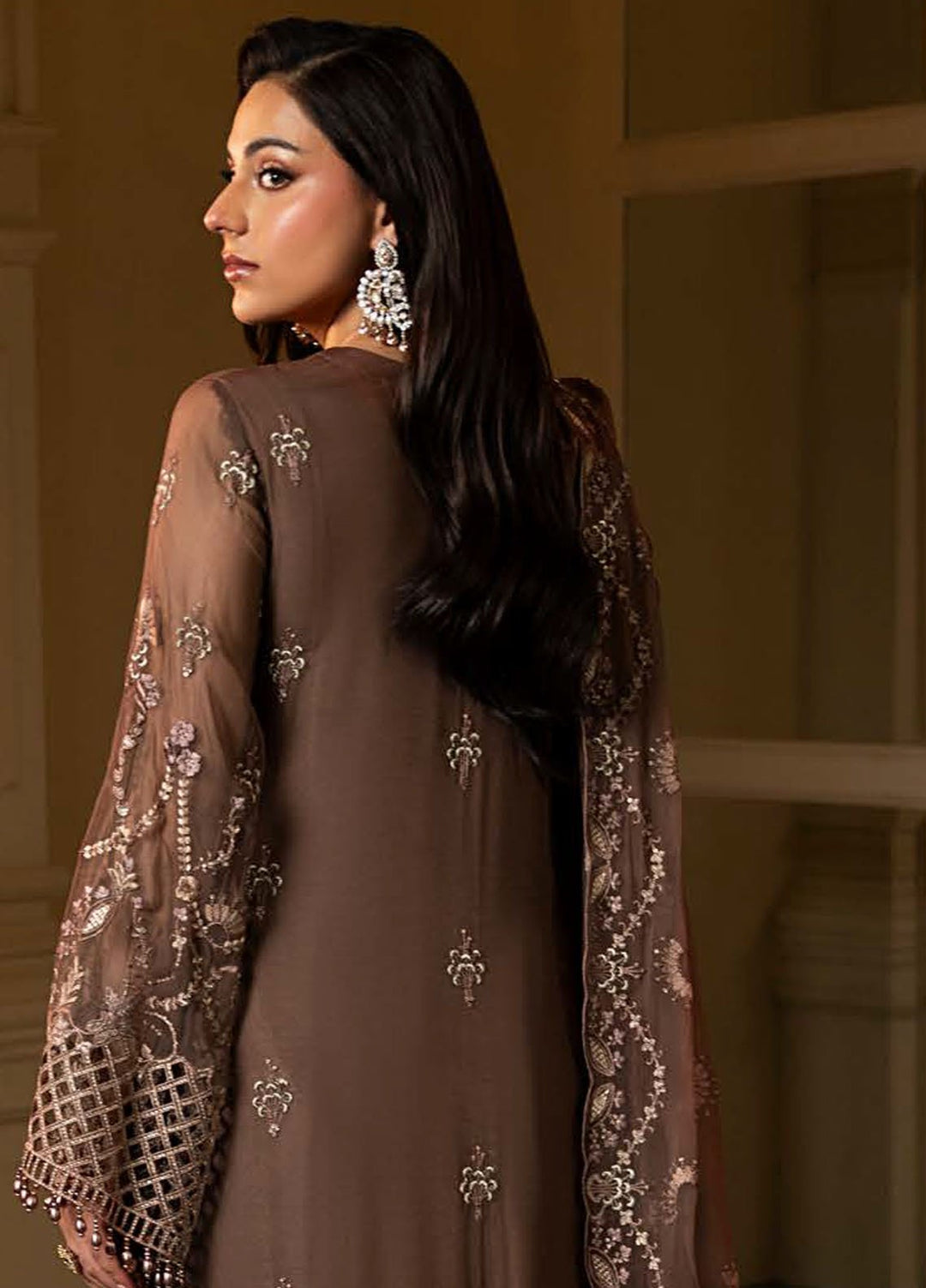 Aashnai by Lavish Embroidered Chiffon Suits Unstitched 3 Piece LVP24AC D-08 Mocha Bloom - Formals Collection