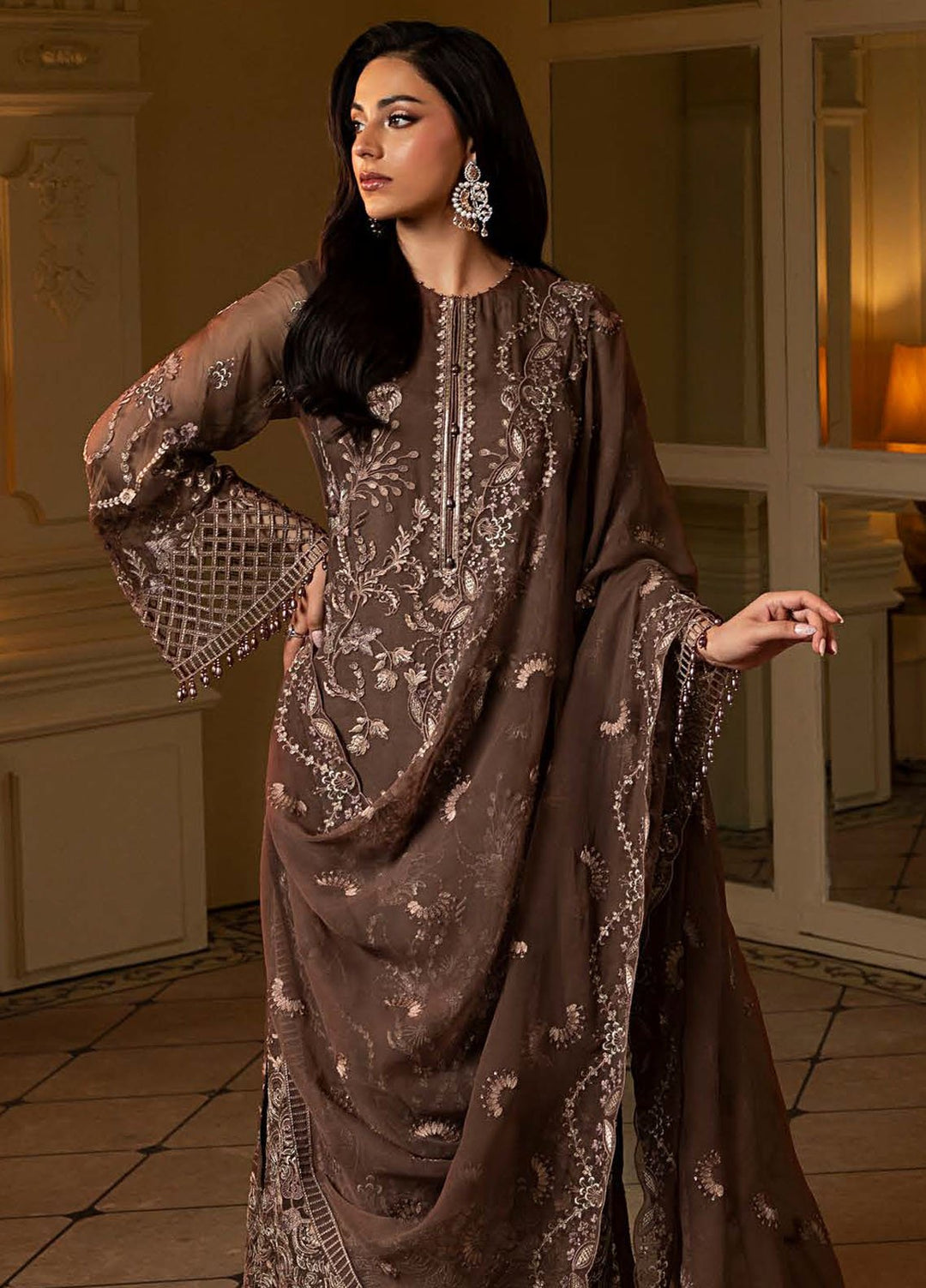 Aashnai by Lavish Embroidered Chiffon Suits Unstitched 3 Piece LVP24AC D-08 Mocha Bloom - Formals Collection