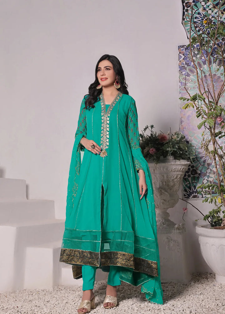 Abaan Zohan Pret Embroidered Chiffon 3 Piece Suit Hoor Bottle Green