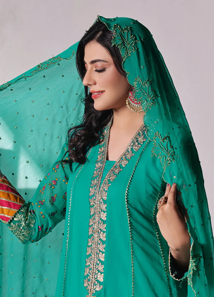 Abaan Zohan Pret Embroidered Chiffon 3 Piece Suit Hoor Bottle Green