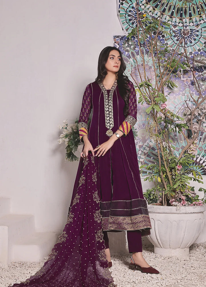 Abaan Zohan Pret Embroidered Chiffon 3 Piece Suit Hoor Purple