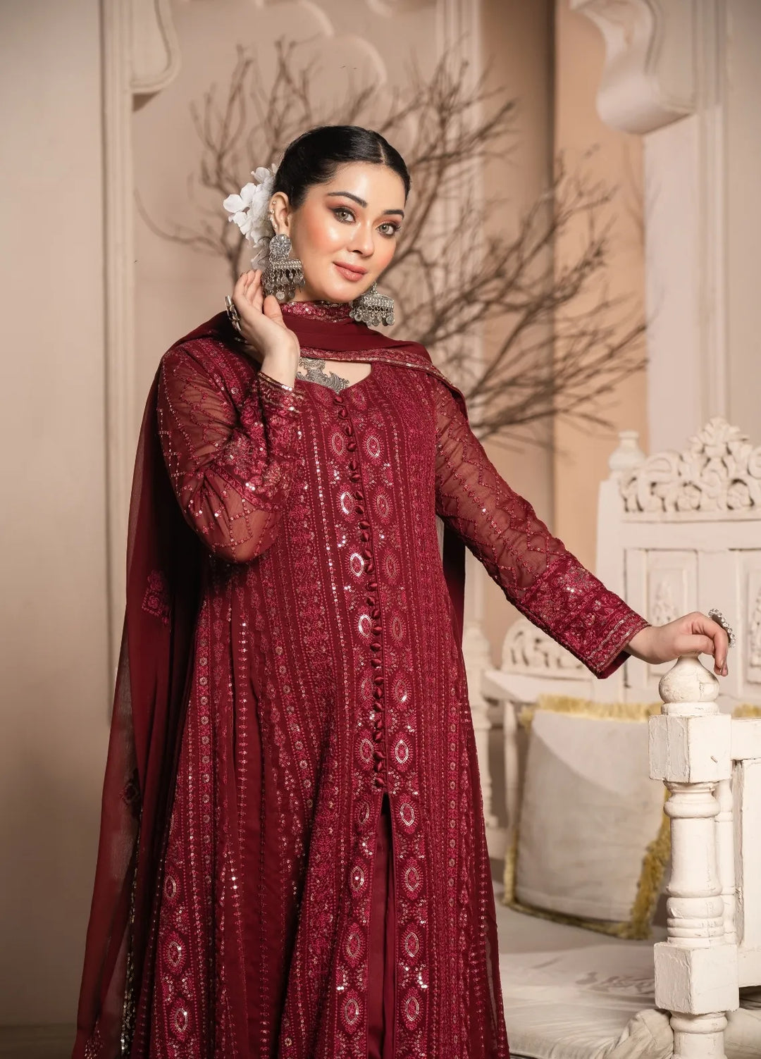 Abaan Zohan Pret Embroidered Chiffon 3 Piece Suit Riwaj Maroon