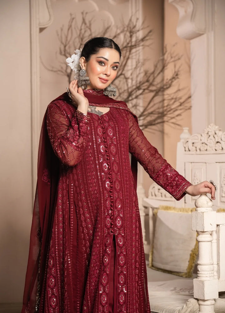 Abaan Zohan Pret Embroidered Chiffon 3 Piece Suit Riwaj Maroon
