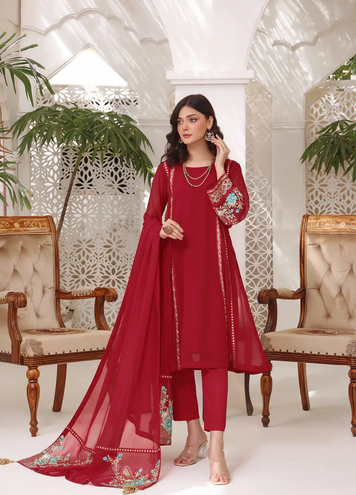 Abaan Zohan Pret Embroidered Chiffon 3 Piece Suit Zeenia Red