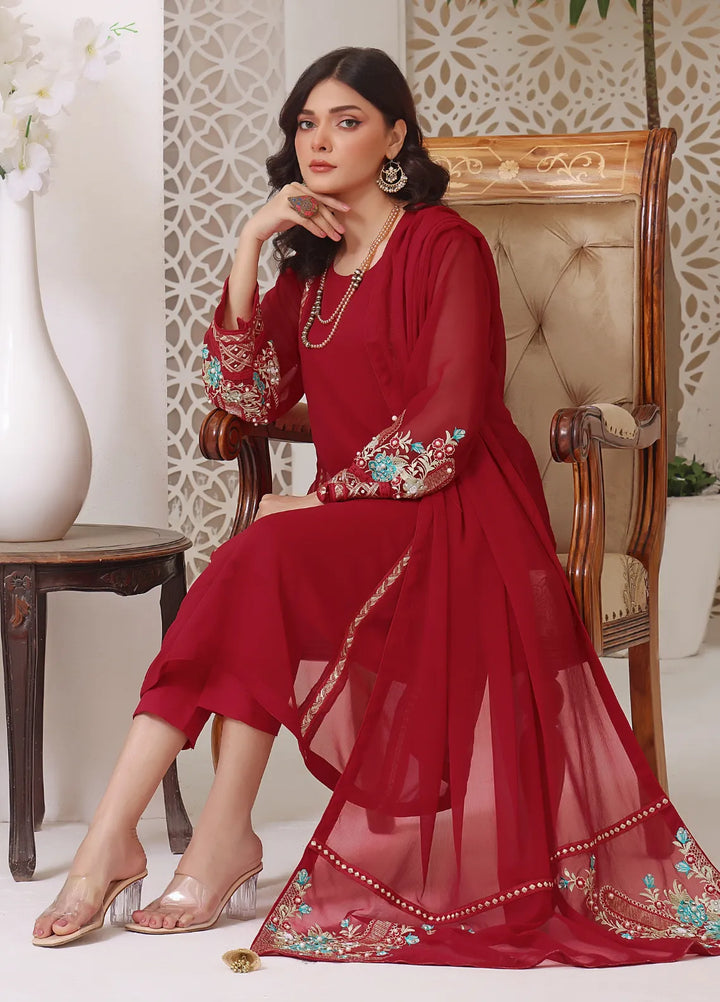 Abaan Zohan Pret Embroidered Chiffon 3 Piece Suit Zeenia Red