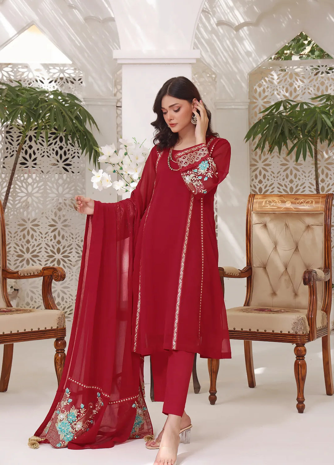 Abaan Zohan Pret Embroidered Chiffon 3 Piece Suit Zeenia Red
