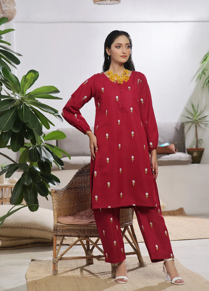 Abaan Zohan Pret Embroidered Raw Silk 3 Piece Suit Akkas Maroon