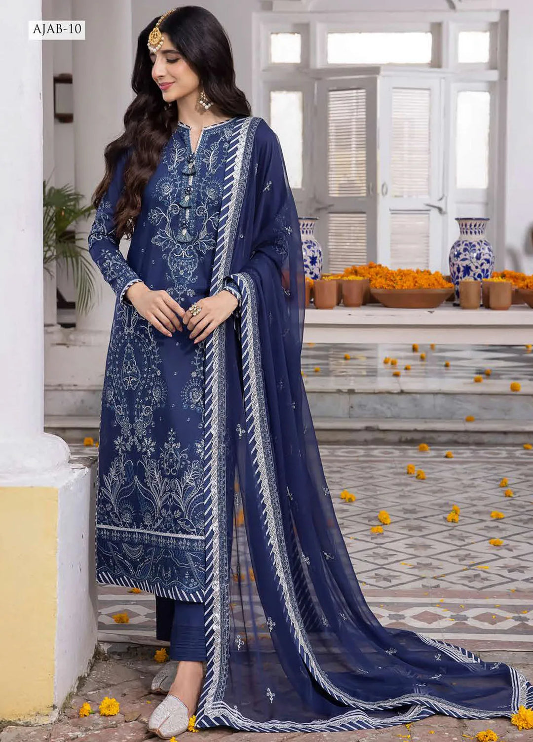 Abresham By Asim Jofa Embroidered Lawn Unstitched Suit 3 Piece AJ23AB AJAB-10 - Luxury Festive Collection