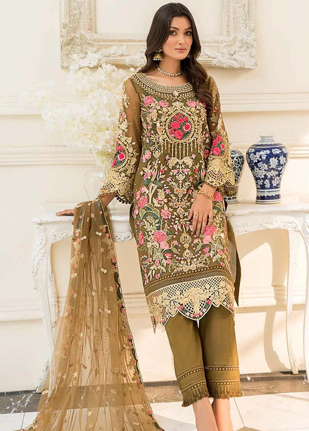 Afreenish by Aroshi Embroidered Organza Suits Unstitched 3 Piece ASH22A MARINA - Luxury Collection