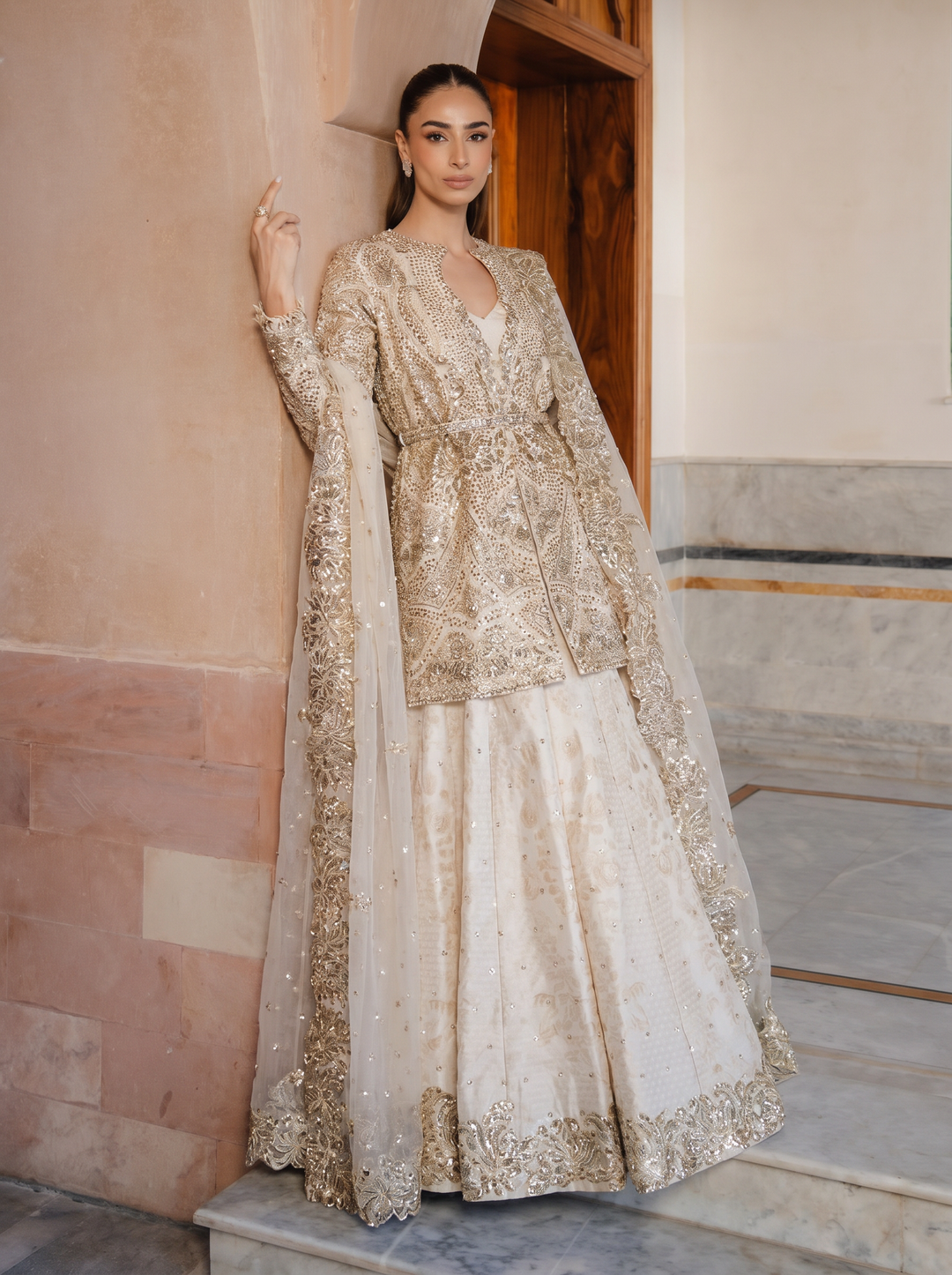 nikkah wear dresses Ivory Net Nikka Dress, Pakistani Wedding Outfit, Embroidered Bridal Gown khussas with a white Latest Nikkah Dresses Collection 2026