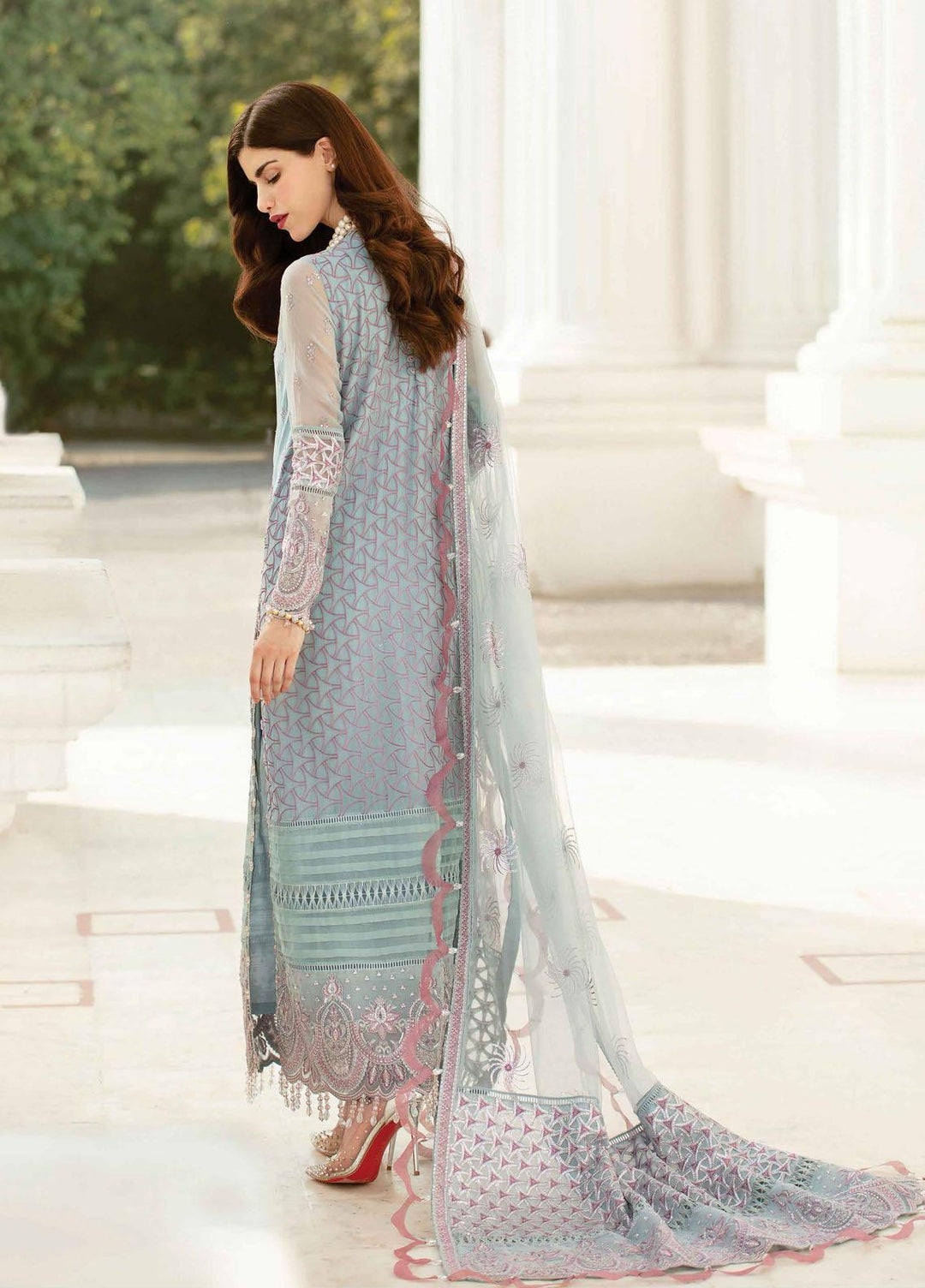 La Fuchsia By Afrozeh Embroidered Chiffon Suits Unstitched 3 Piece AF22LF Serene Sky - Luxury Collection
