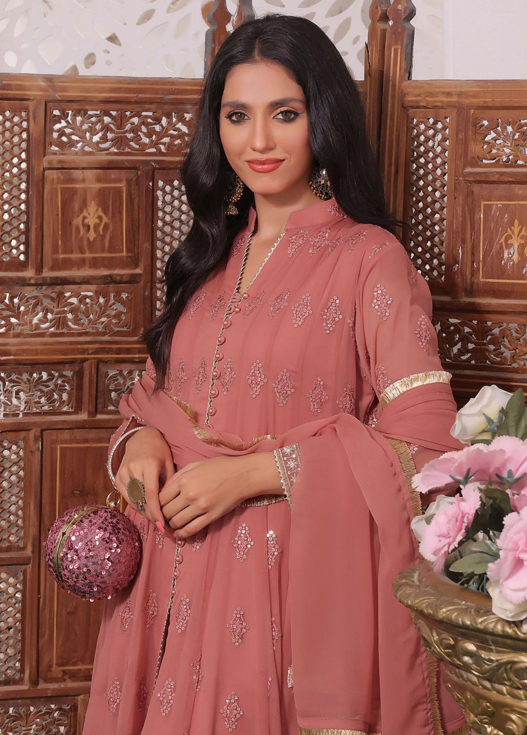 Al Harir Apparel Pret Eastern Chiffon 3 Piece Suit Ruby Peach