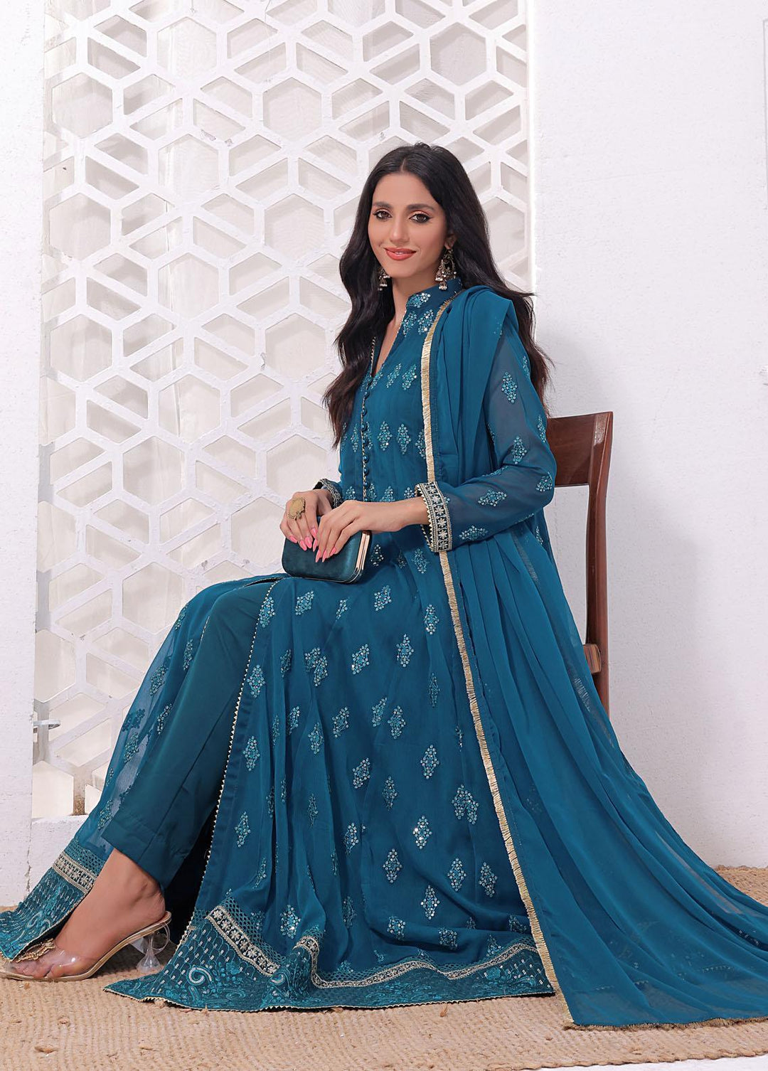 Al Harir Apparel Pret Eastern Chiffon 3 Piece Suit Ruby Peacock