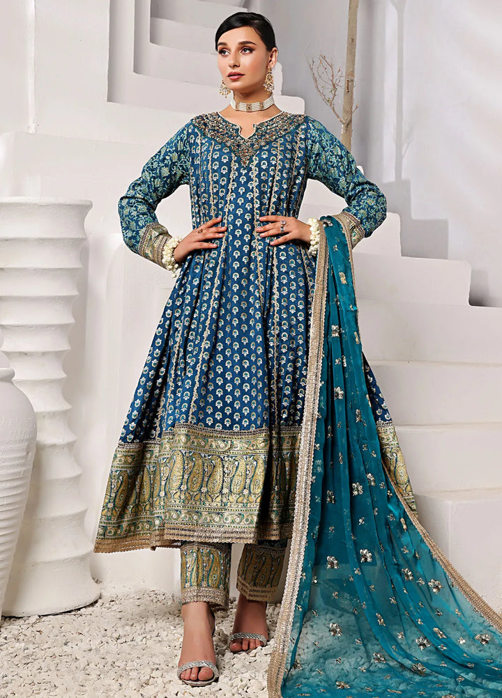 Al Harir Pret Embroidered Raw Silk 3 Piece Suit Gulmeena Teal Blue