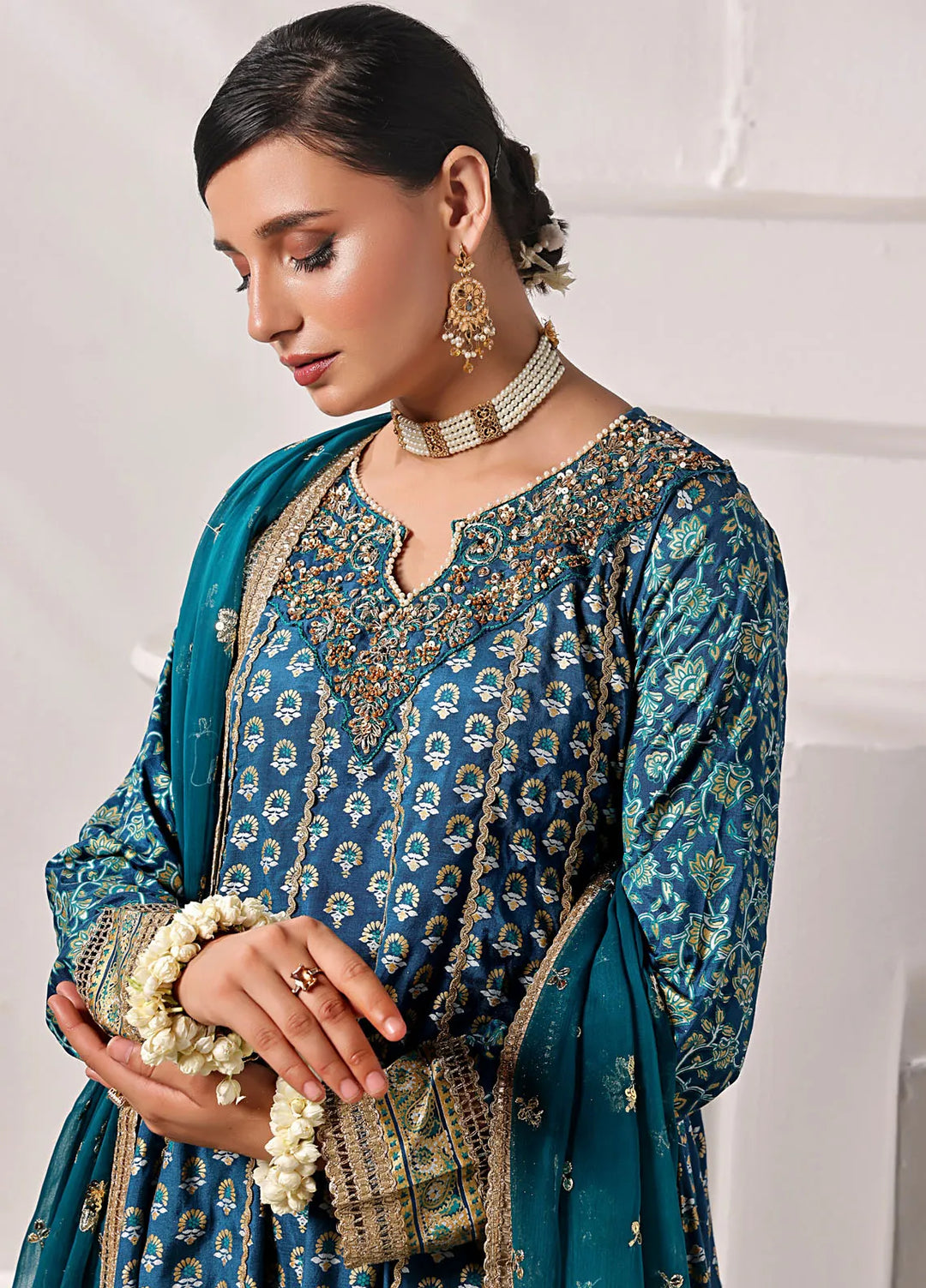 Al Harir Pret Embroidered Raw Silk 3 Piece Suit Gulmeena Teal Blue