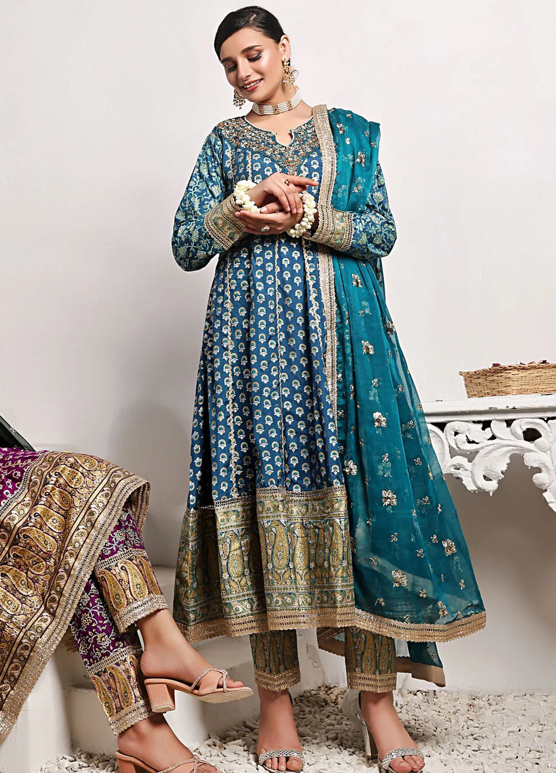 Al Harir Pret Embroidered Raw Silk 3 Piece Suit Gulmeena Teal Blue