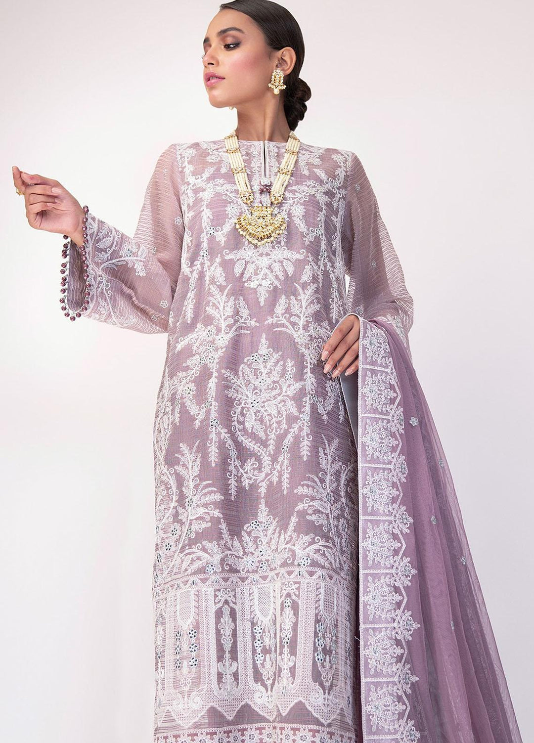 Al Karam Embroidered Net Suits Unstitched 3 Piece AK21F FC-15G-21-2-Purple - Festive Collection