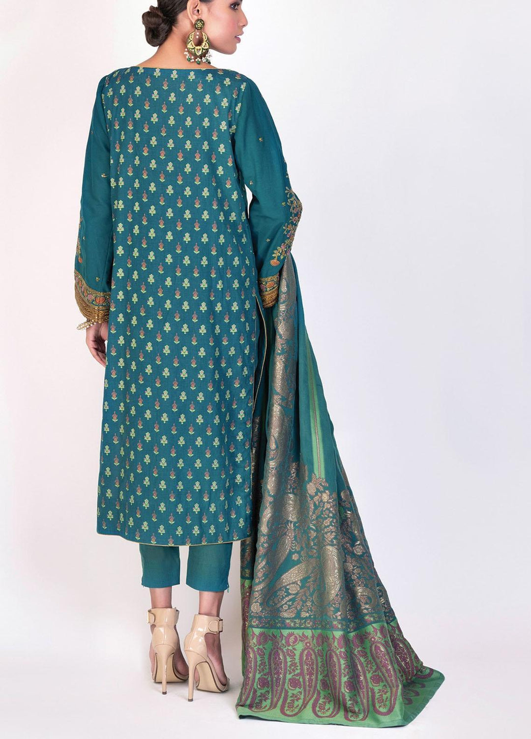 Al Karam Embroidered Cotton Satin Suits Unstitched 3 Piece AK21F-2 FC-08D-21-2-Turquoise - Festive Collection