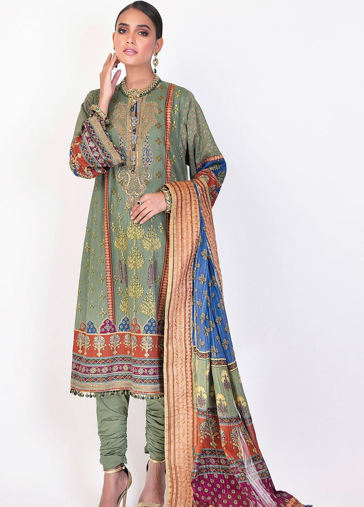 Al Karam Embroidered Cotton Zari Suits Unstitched 2 Piece AK21F-2 FC-12F-21-2 Green - Summer Collection