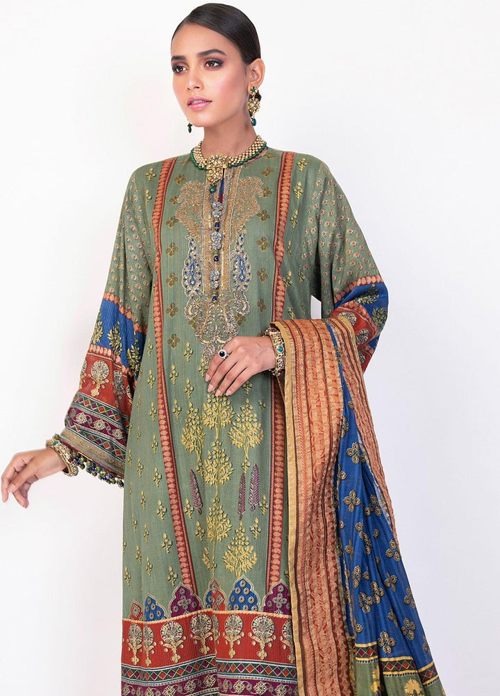 Al Karam Embroidered Cotton Zari Suits Unstitched 2 Piece AK21F-2 FC-12F-21-2 Green - Summer Collection