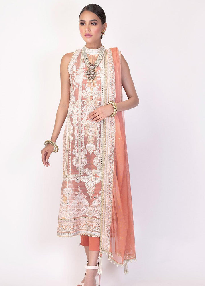 Al Karam Embroidered Net Suits Unstitched 2 Piece AK21F-2 FC-14G-21-2-Peach - Festive Collection