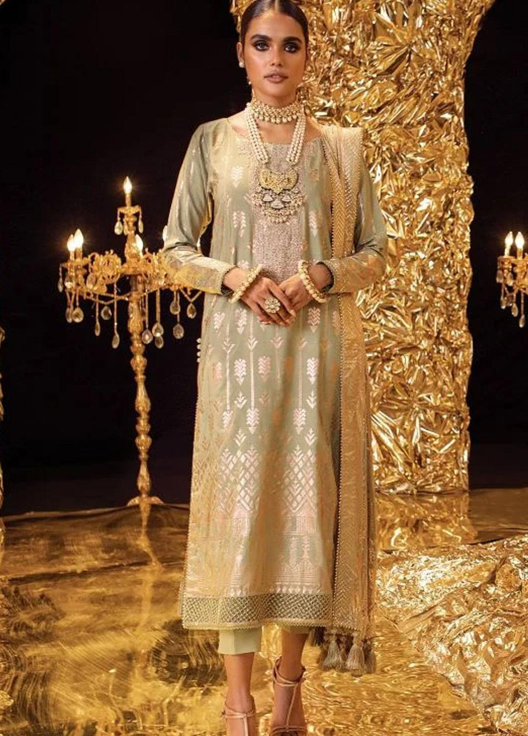 Al Karam Embroidered Cotton Silk  Suits Unstitched 3 Piece AK22FW FC-W-22I-22-3-Pastel Green - Festive Collection