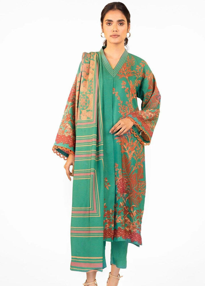 Al Karam Printed Chambray Suits Unstitched 3 Piece AK22FW FW-24-22-Green - Festive Collection