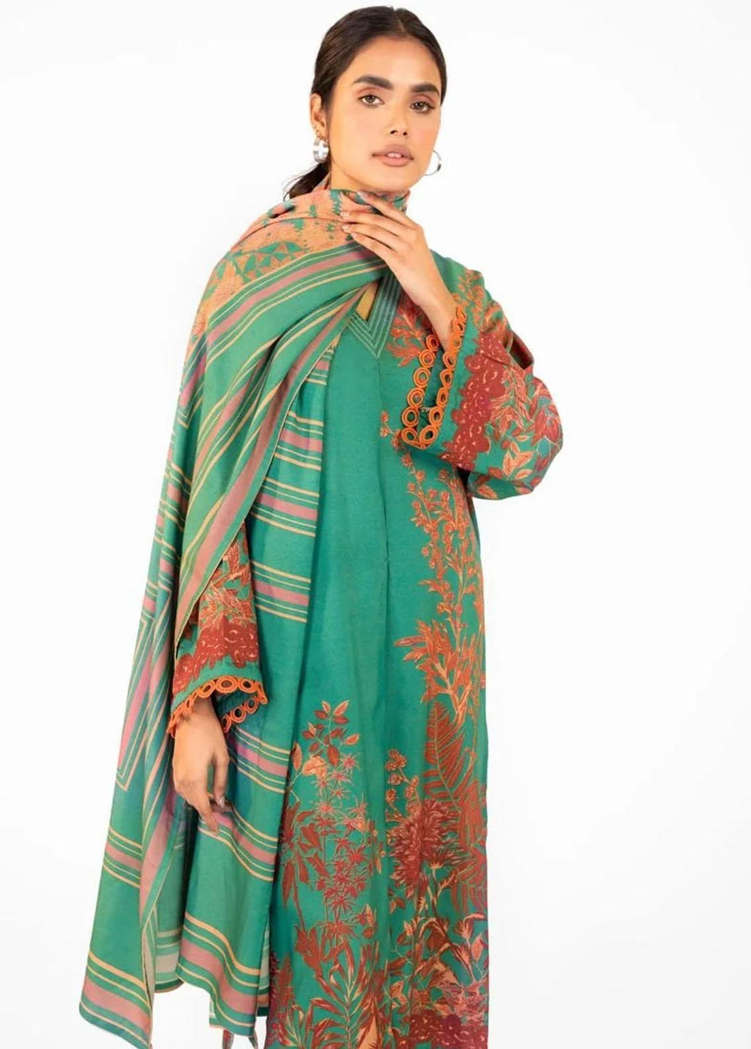 Al Karam Printed Chambray Suits Unstitched 3 Piece AK22FW FW-24-22-Green - Festive Collection