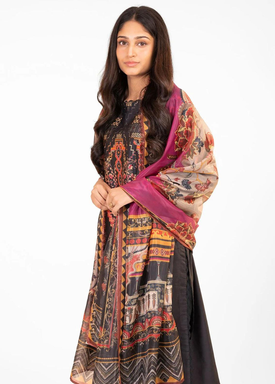 Al Karam Printed Cotton Satin Suits Unstitched 3 Piece AK22FW FW-35-22-Black - Festive Collection