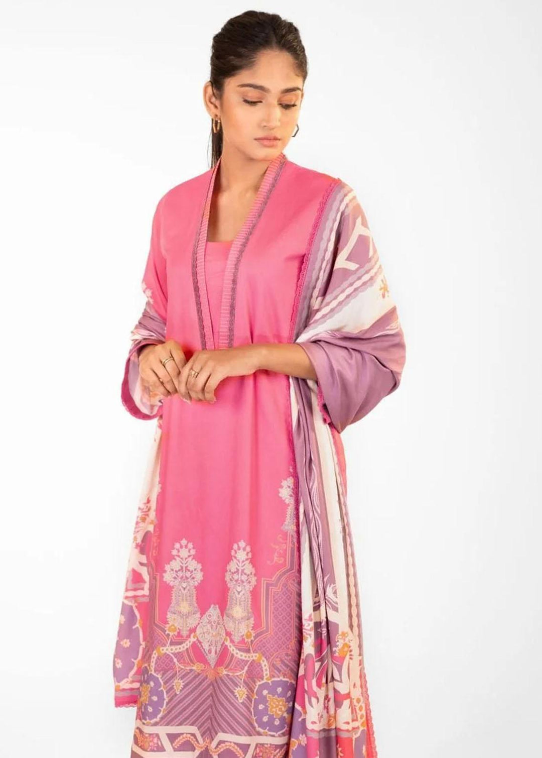 Al Karam Printed Marina Suits Unstitched 3 Piece AK22FW FW-48-22-Pink - Festive Collection