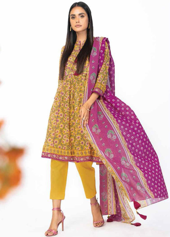 Al Karam Printed Lawn Suits Unstitched 3 Piece AK23SSL SS-11.1-23-Mustard - Summer Collection