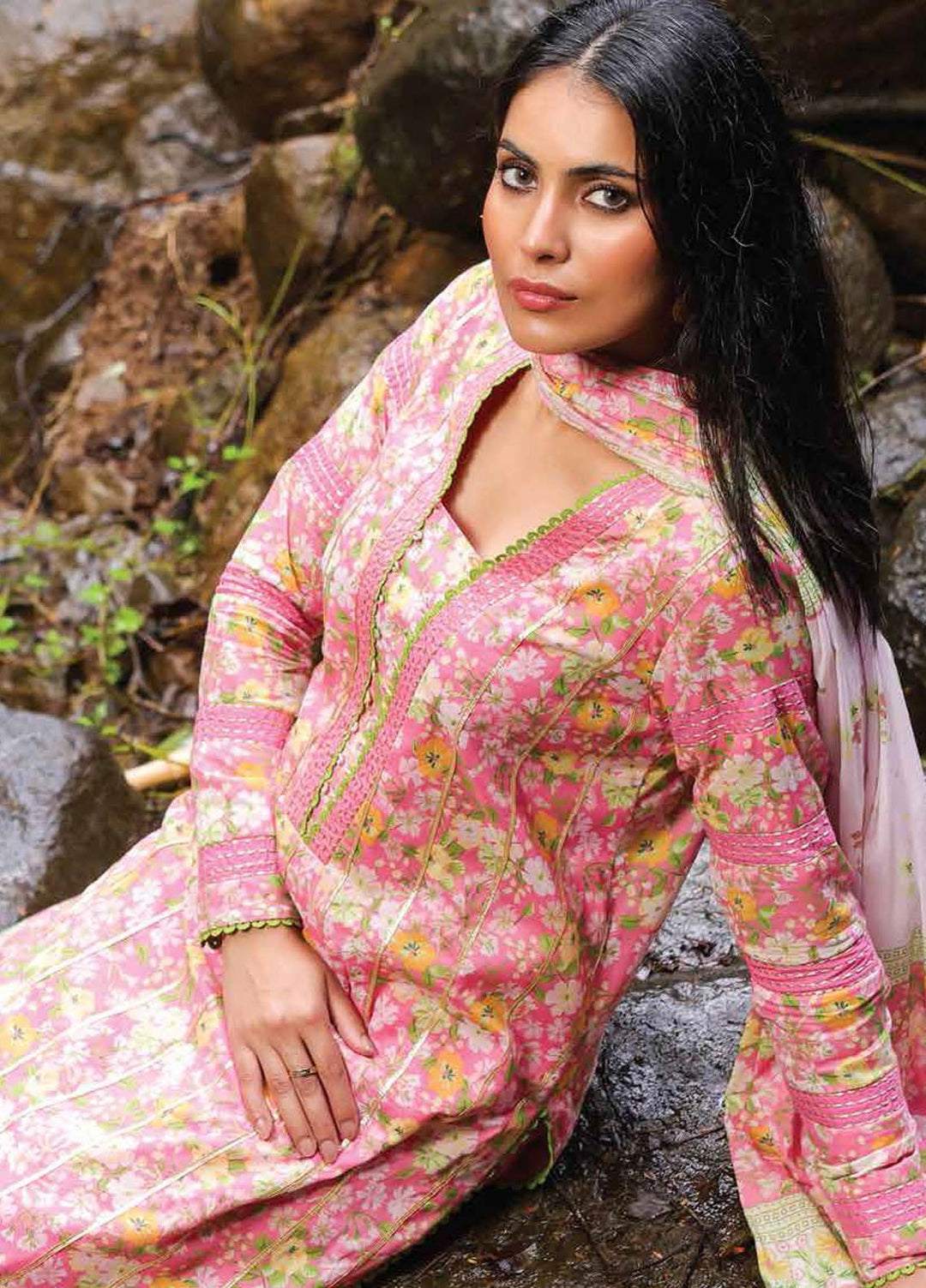 Al Karam Printed Lawn Suits Unstitched 3 Piece AK23SSL SS-36.1-23-Pink - Summer Collection