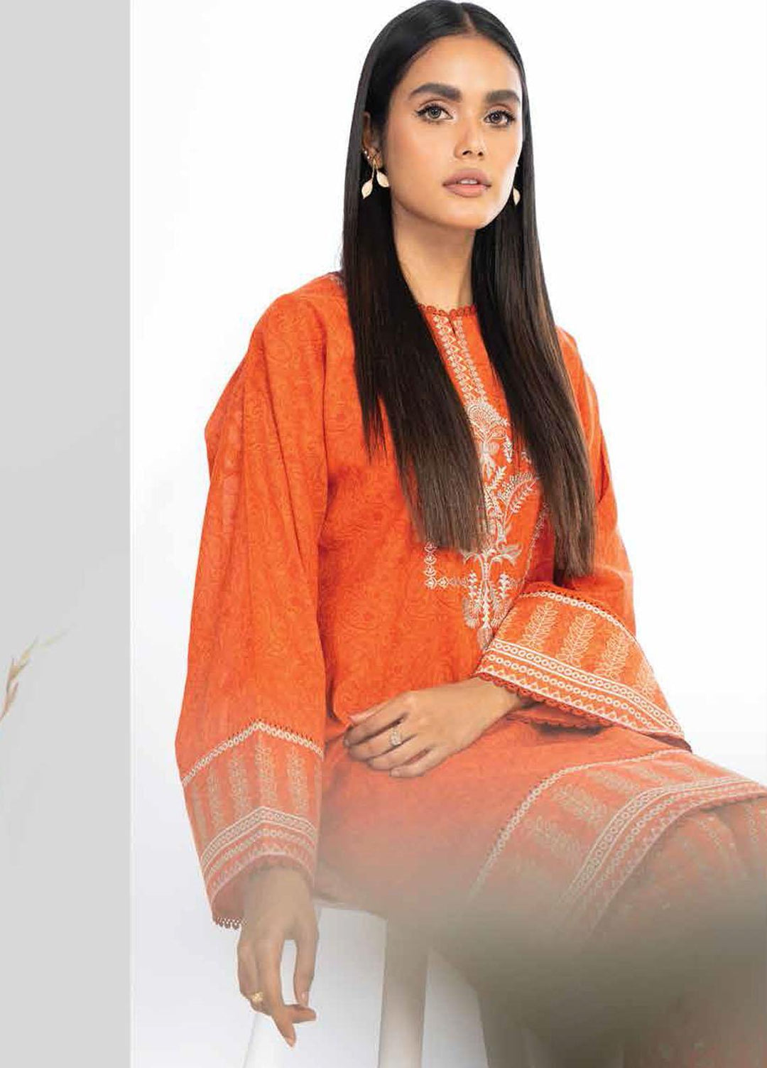 Al Karam EmbroideRed Lawn Suits Unstitched 2 Piece AK23SSL SS-52.1-23-Orange - Summer Collection