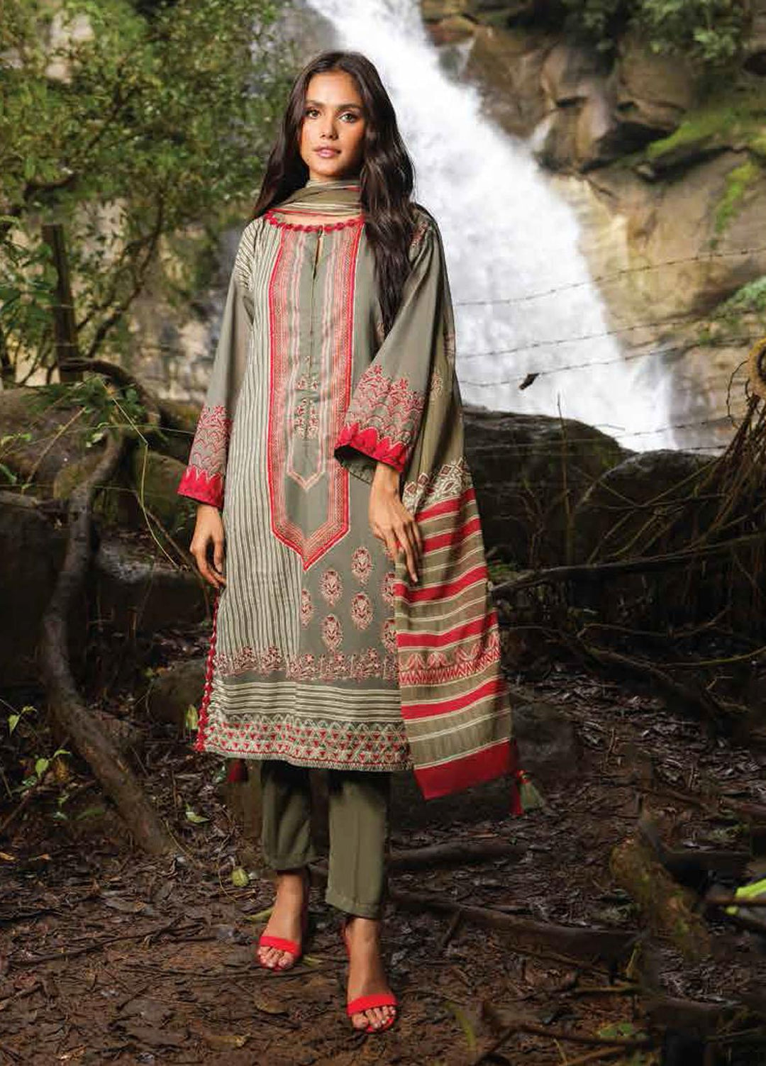 Al Karam Printed Lawn Suits Unstitched 3 Piece AK23SSL SS-22-23-Olive Green - Summer Collection