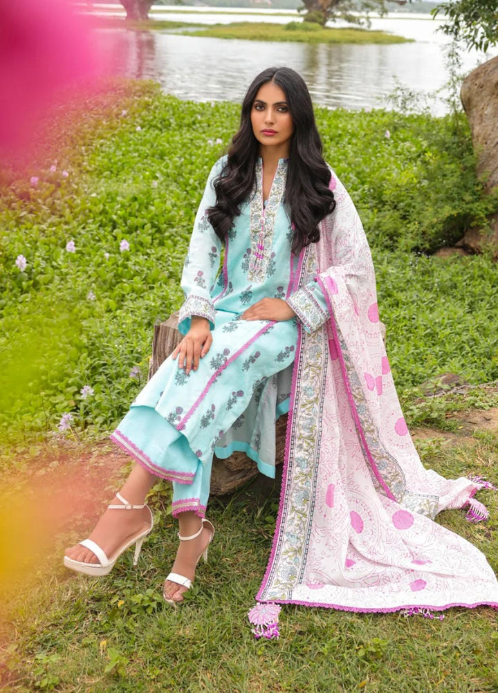 Al Karam Printed Lawn Suits Unstitched 3 Piece AK23SSL SS-14.1-23-Light Blue - Summer Collection